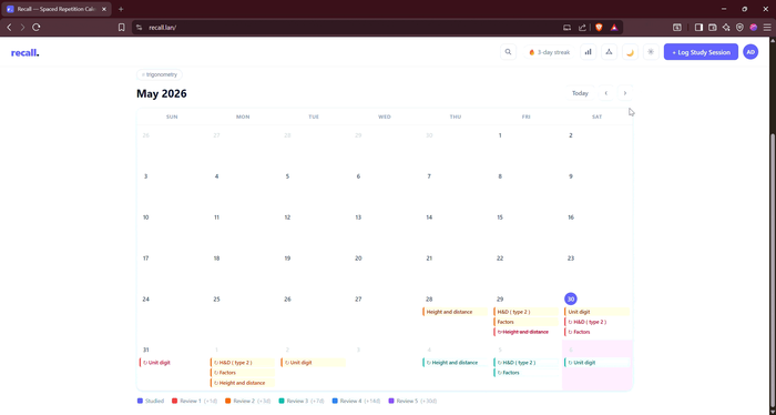 Recall's month-view calendar with color-coded review chips and a study streak