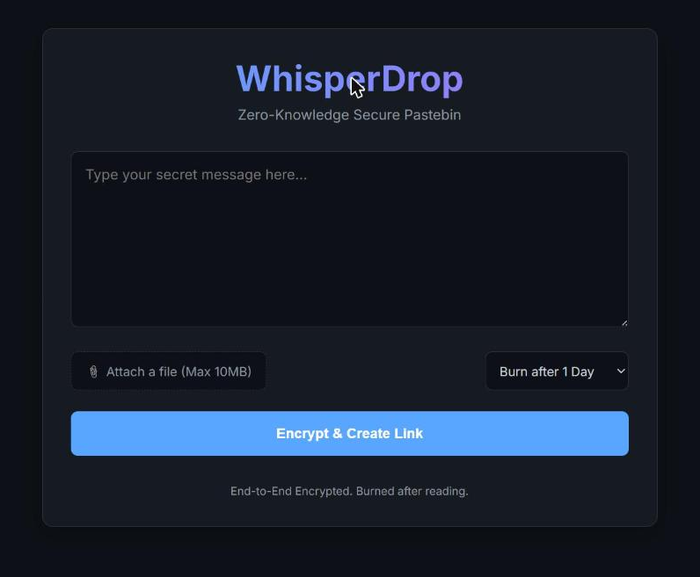 WhisperDrop's compose screen — paste a secret, encrypt, and get a link